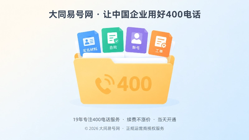 中央聚焦的档案文件夹与实名、合同、账号、工单图标，代表为400电话号码建档